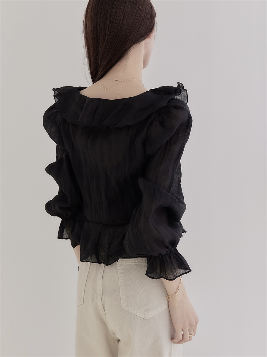 NEW】cachecoeur frill sheer blouse / black amel